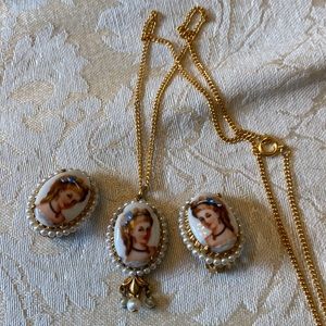 Limoges France Victorian Lady painted earrings and necklace with pearl beading